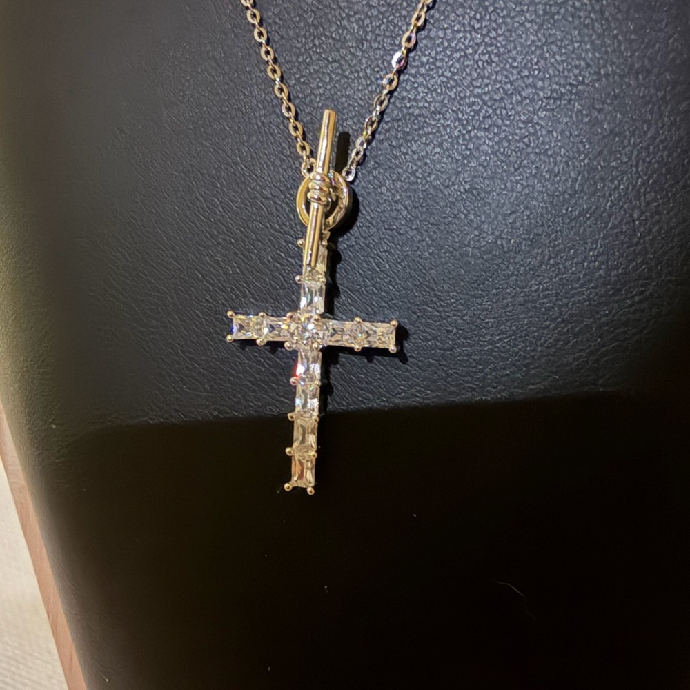 Sterling Silver Moissanite Lariat Style Cross Pendant Necklace